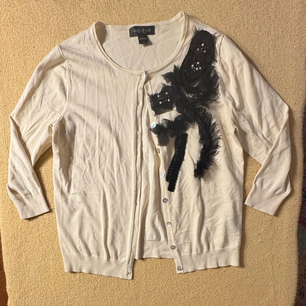 August Silk Cream Cardigan with Black Floral Accents 35% Silk